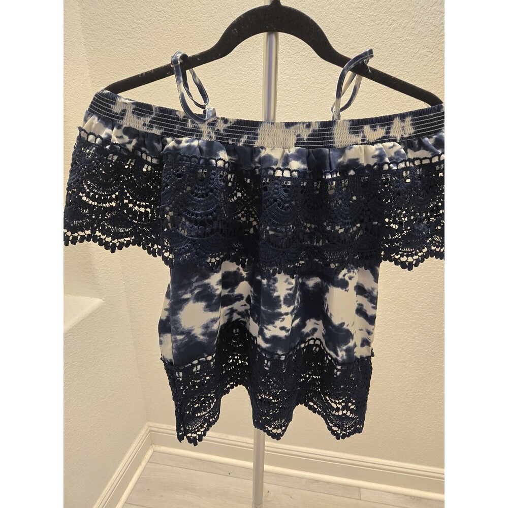 No Boundaries Tie Dye Off The Shoulder Top Blue Crochet Lace Trim Women M 7-9